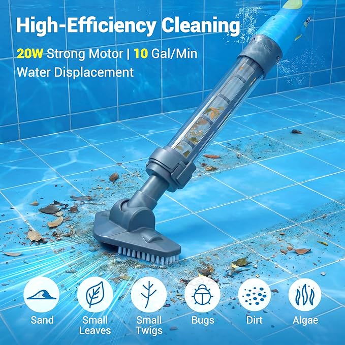 Cordless Spa Hot Tub Vacuum - Handheld Pool Vacuum for Above Ground Pool, Lightweight Stick Pool Cleaner with 2 Brush Heads, Ideal for Cleaning Debris and Sand (Blue)