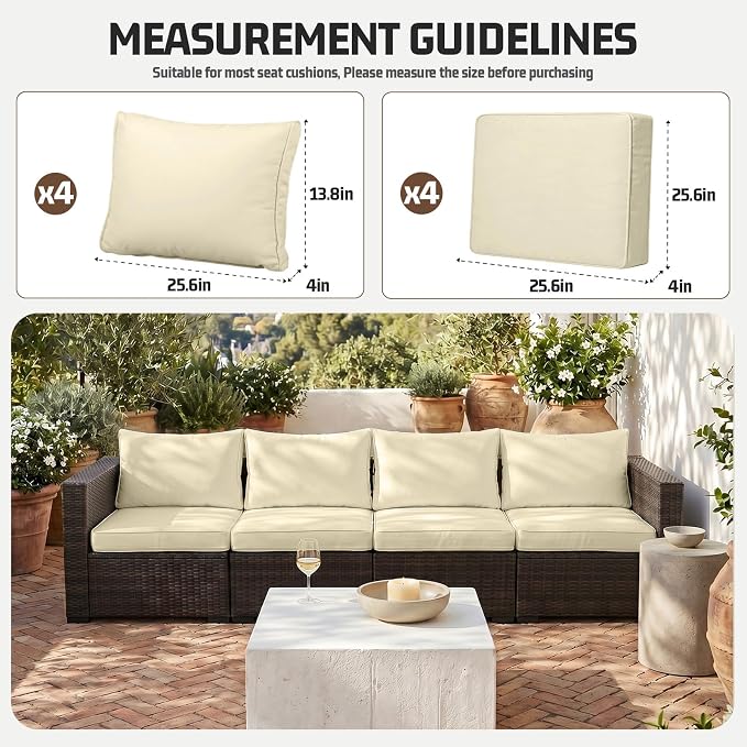 8pcs Outdoor Patio Cushion Covers Replacement, 25.6" Zippered Outdoor Cushion Covers Waterproof, UV Resistant & Washable Patio Furniture Cushion Covers Waterproof for Patio Sectional, Beige