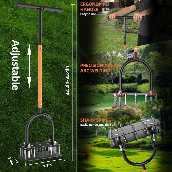 GAINO Manual Lawn Aerator Tool with 15 Spikes, 32"-35" Adjustable T-Handle Aerator for Lawn, Automatic Dirt Ejection Design, Heavy Duty Yard Grass Aerator for Soil Compaction, Black & Orange