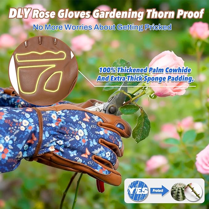 DLY Gardening Gloves for Women, Rose Gloves Thorn Proof, Long Garden Gloves for Women, Breathable Cowhide (Medium, Brown)