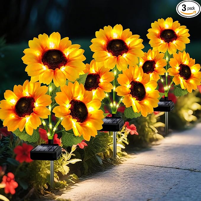 Solar Garden Lights Outdoor, 3 Pack Sunflower Lights with 9 Large Sunflower, Waterproof Garden Decor, Birthday Gifts for Mom Grandma, Decorative Solar Flowers for Pathway Patio Yard Fall Decorations