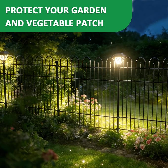 Garden Fence Animal Barrier with Solar Garden Lights, 32 in (H) x23.6ft (L) Decorative Garden Fence, 10 Panels No Dig, Rustproof Metal Temporary Fence, Dog Fence Outdoor for Yard, Patio