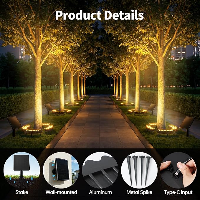 Solar Ring Tree Lights Outdoor, 3000K Solar Aluminum Palm Tree Uplights, 48 LEDs & 4000mAh Battery, IP65 Waterproof, Upgraded Landscape Spotlights with USB Port for Garden, Yard (Warm White)