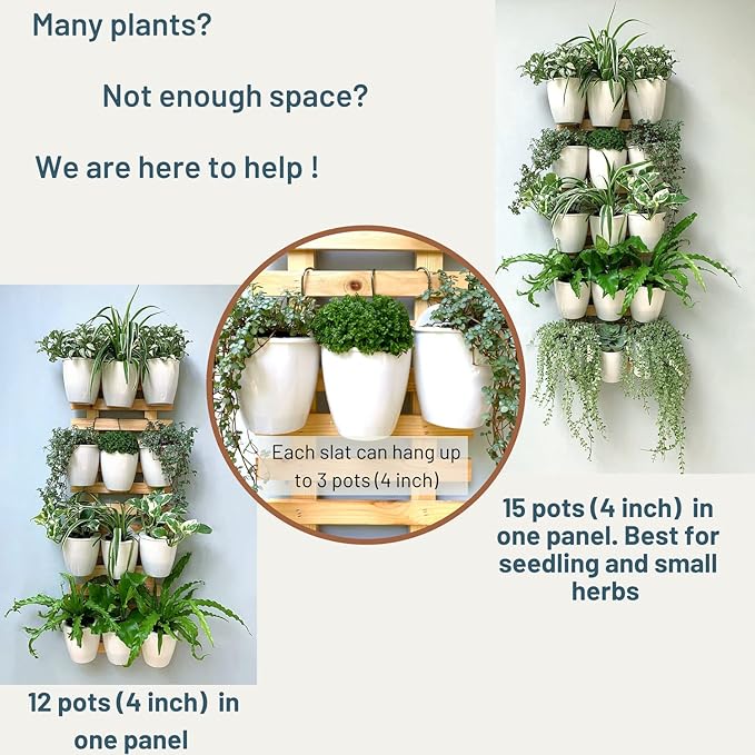 ShopLaLa Bundle - 4 Inch White Self Watering Pots x 10 Packs + Wooden Plant Holders, Indoor Vertical Wall Garden, Living Plant Wall Herb Garden Vertical System, Wall Mount Hydroponic Wall Pots