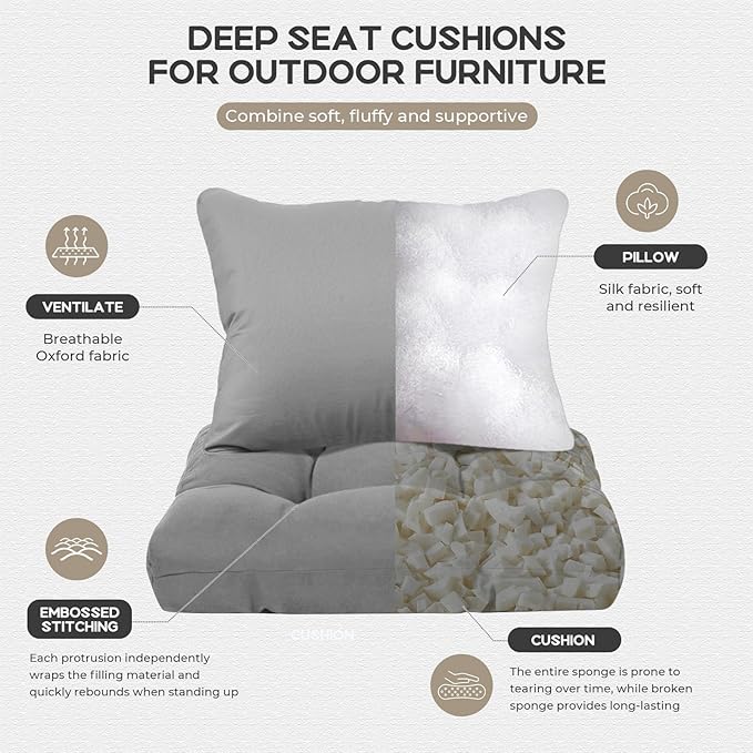 22x22 Waterproof Outdoor Chair Cushions Set of 2, Patio Cushions for Outdoor Furniture Water-Resistant & Fade-Resistant, Deep Seat & Back Cushion for Wicker Sofa (Gray)