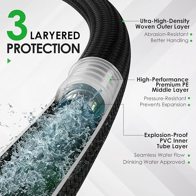 Garden Hose 100 FT, Non-Expanding Lightweight Water Hose with 10 Function Nozzle, Flexible, Kink Free, Wear-Resistant Fabric Leak Proof Garden Hoses for Outdoor, Yard, Lawn, Car, Marine, RV, Pet Bath