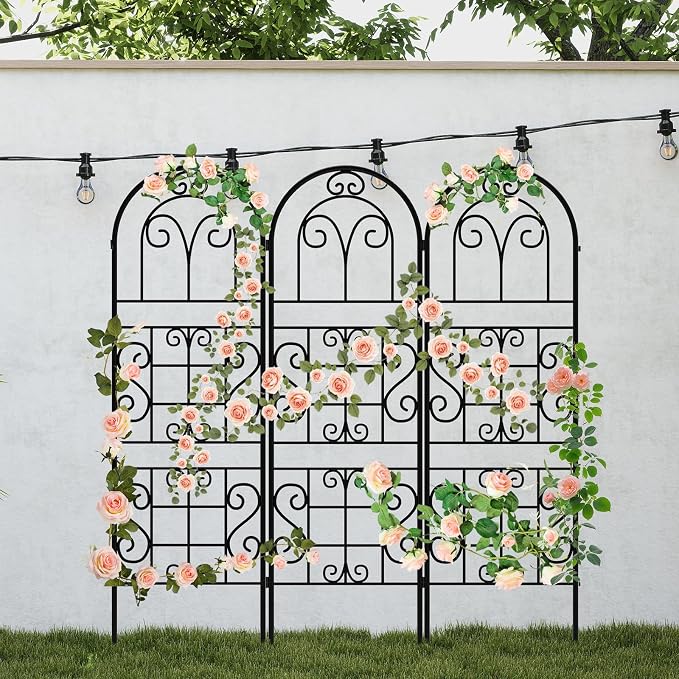 Garden Trellis for Climbing Plants, 3 Pack 38" Wx 64.6" H Rustproof Flower Trellis with Black Coating, Outdoor Climbing Rose Trellis Cucumbers Support for Courtyards Lawns (Curved Shape, 3 Pieces)