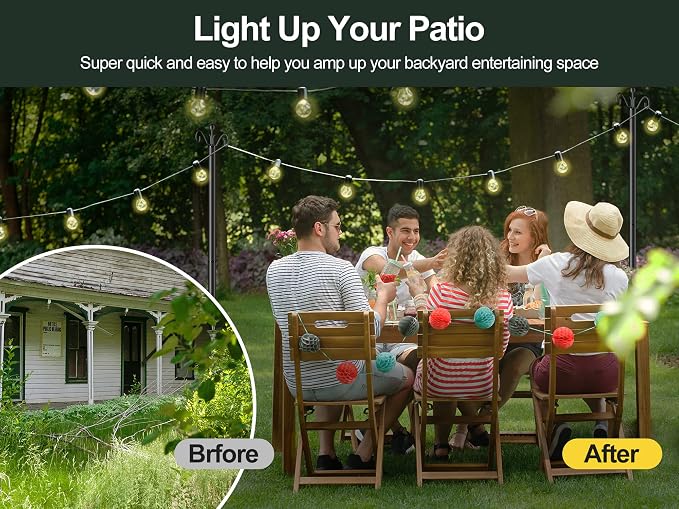 Flanagan String Light Poles 2-Pack,9FT Poles for Outdoor String Lights,Adjustable Metal Light Pole Stand, Light Poles with Hooks & 5-Prong Spiral Sturdy Anchor for Garden, Weddings and Parties