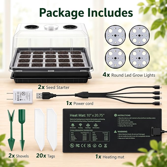 2 Sets 60 Cell Seed Starter Tray with Grow Lights and Heat Mat, Seed Starter Kit with 5.9” Humidity Dome and Vents, Indoor Plant Germination Trays, Seedling Startering Trays for Faster Germination