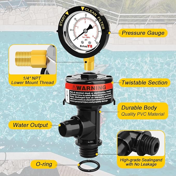 Manual Pool Filter Air Relief Valve,98209800 Air Relief Manual Valve Assembly with Water-Proof Stainless Steel Pressure Gauge,High Flow,Replacement for Pool and Spa Filter