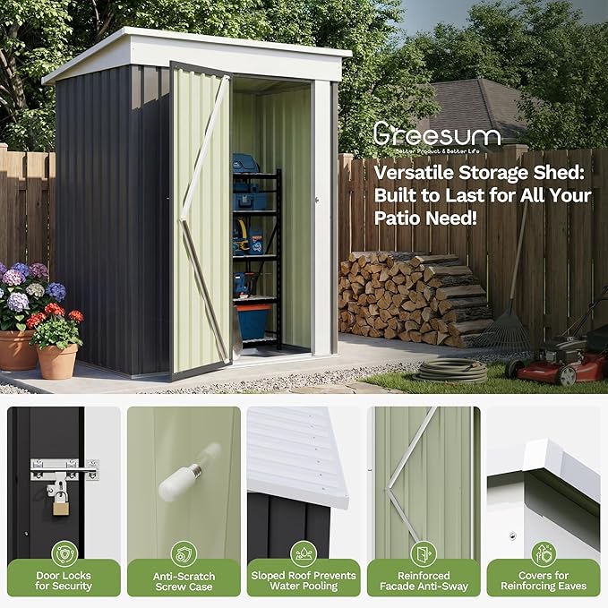 Greesum 5x3FT Outdoor Storage Shed with Base, Utility Tool Shed with Sloping Roof, Metal Storaged Garden Shed with Door & Lock for Patio Storage, Gray
