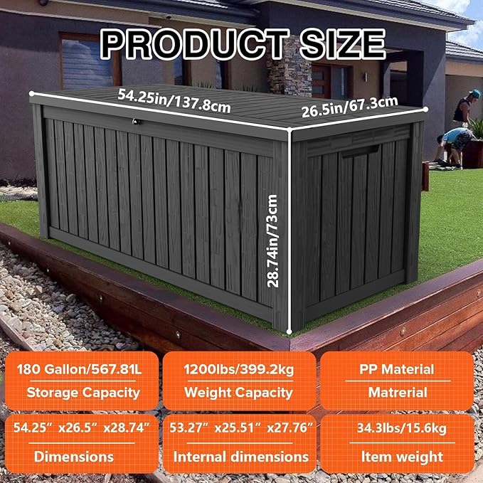 Outdoor Storage Box 185GAL Waterproof Resin Deck Box,Pool Accessories Supplies，UV-Resistant Lockable Package Delivery Bin for Garden Tools,Large Patio Outside Cushions,Chest,Furniture,Black