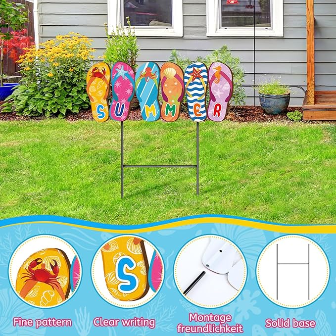 Weysat Summer Metal Yard Signs 15. 7 Inch Flip Flops Decoration Outdoor Beach Yard Decorations with Stakes Waterproof Slipper Sign Summer Pool Beach Decor for Home Garden Patio Lawn Party