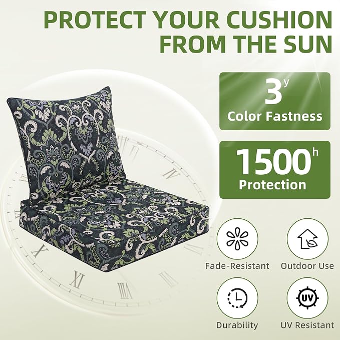 Favoyard Outdoor Deep Seat Patio Cushions Set, 19 x 19 Inch Rainproof & 3-Year Fade Resistant Patio Furniture Cushion, Removable Bottom & Back Cushion with Ties for Yard, Garden, Green Floral