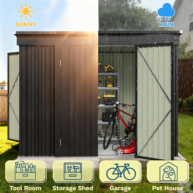 Patiowell 8x4 FT Outdoor Storage Shed, Heavy Duty Tool Metal Sheds with 3 Lockable Doors and Updated Frame Structure for Garden, Backyard, Patio, and Utility Storage, Black