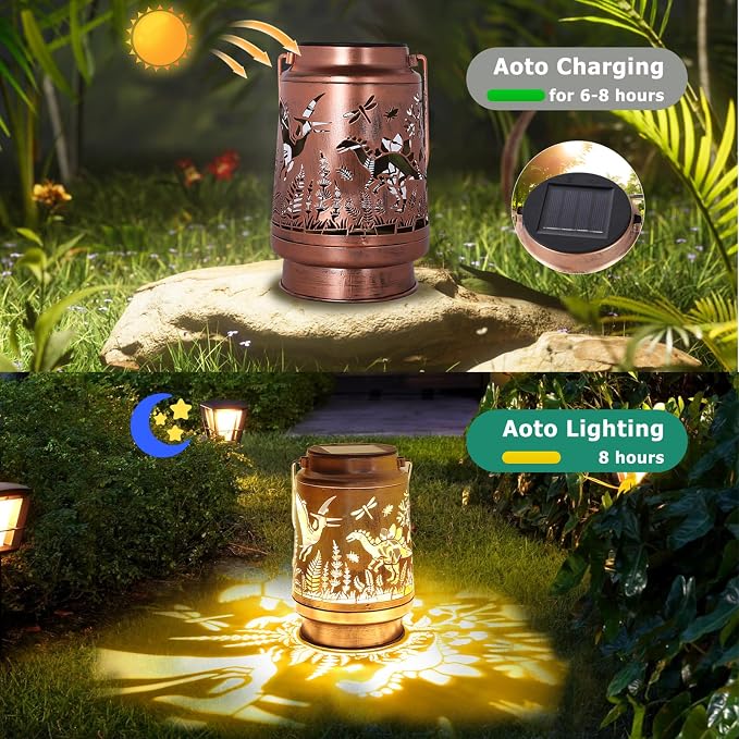 Solar Lanterns Outdoor Waterproof, Dinosaur Garden Decor Lights, Metal Hanging Solar Powered Lantern for Patio Yard Pathway, Unique Dinosaur Gifts for Women Men