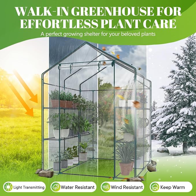 OLIXIS Outdoor Greenhouse, Walk-in Greenhouse with 2 Tier 8 Plant Shelves, Durable PVC Cover, 56"×56"×77" Portable Greenhouses for Outdoor Garden, Patio, Porch, Backyard Green Houses, Clear