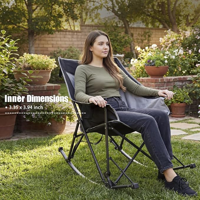 SUNNYFEEL Oversized Folding Rocking Camping Chair Fully Padded Patio Chair Black Portable Outdoor Rocker High Back Portable Lawn Recliner with Side Pocket Camp Rocker Chairs Heavy Duty 500 LBS