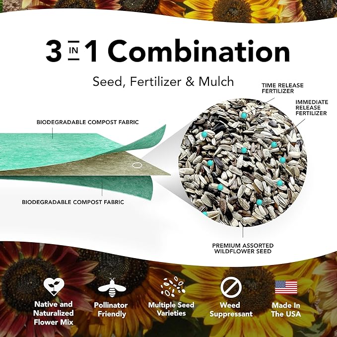 Growtrax Sunflower & Wildflower Seed Mat - 40 sqft Easy Plant and Grow with Eco-Friendly Bio Fabric Attracts Butterflies, Bees Blooms in Summer and Fall - Spring Mix Ideal for Gardens, Pots, Walkways