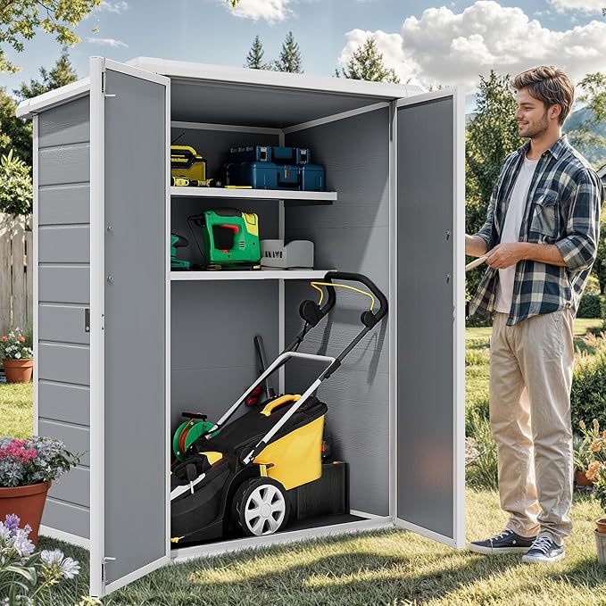 DWVO 60 Cuft Outdoor Tall Storage Shed with 2 Shelves, 5X3FT Vertical Tool Shed with Floor & Lockable Doors, Sturdy Double-Wall Plastic Cabinet for Garbage Cans and Garden Equipment (Gray)