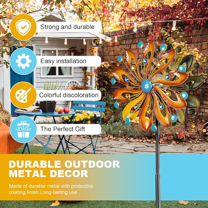 MLKNK Wind Spinners for Yard and Garden - Wind Sculptures & Spinners | Wind Spinners Outdoor 75 Inch, Kinetic Art with Solar Powered Multi-Color Glass Ball Light