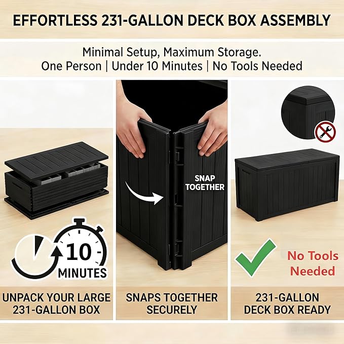 Large 231 Gallon Resin Deck Box, Heavy Duty Lockable Patio Storage Box Outdoor, Waterproof Tool Box for Garden Furniture Cushions & Pool Supplies, Wood Grain Outdoor Storage Bench for Backyard