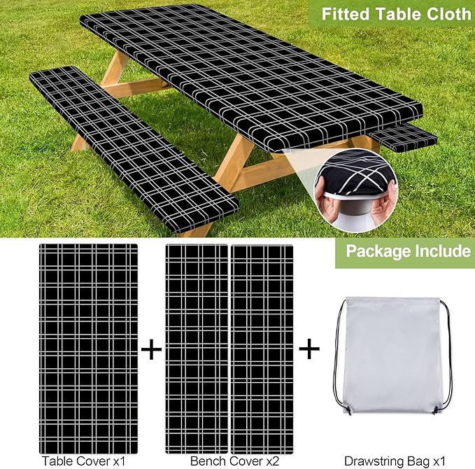 Picnic Table Cover with Bench Covers Camping Essentials Waterproof Windproof Camping Tablecloth with Drawstring Bag, Fitted Rectangle Tables and Seats, 60in, Black Checkered