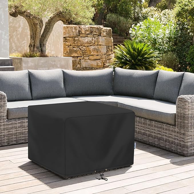 SunPatio Outdoor Ottoman Cover, Waterproof Square Coffee Table Cover, Patio Furniture Side Table Cover, All Weather Protection, 26W x 26D x 18H, Black
