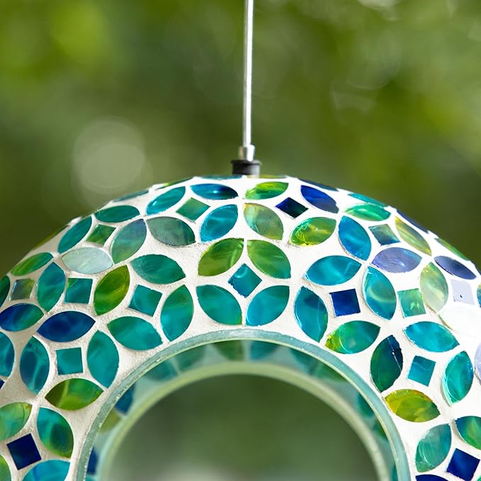 Glitzhome 8''D Hanging Glass Bird Feeder, Round Fly Through Wild Bird Feeder for Outdoors,Blue/Green Mosaic Birdfeeder for Garden, Yard, Backyard, Deck and Porch Decor