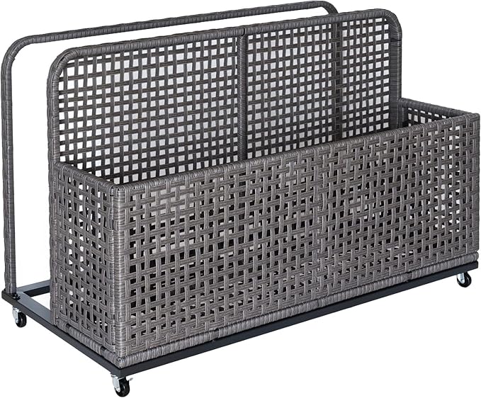 Poolside Float Storage with Wheels, Rolling PE Rattan Pool Caddy with Compartment and Basket, Wicker Outdoor Storage Organizer for Floats, Towels, Toys, Patio Accessories, Grey