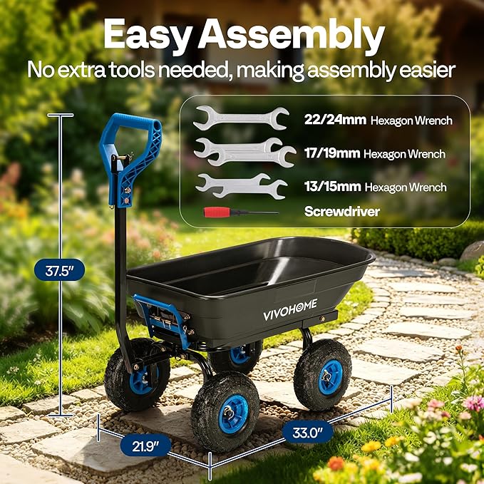 VIVOHOME 4 Cu.Ft 660lbs Wheelbarrow Garden Cart Dump Wagon with 2-in-1 Convertible Handle Attach to ATV or Tractor, 10" All Terrain Wheels, Quick Release Heavy Duty Utility Trailer for Yard-Blue
