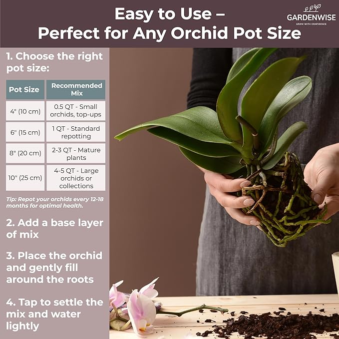GARDENWISE Orchid Potting Mix – Orchid Bark, Sphagnum Moss, Tree Fern & Perlite for Repotting Phalaenopsis Orchids, Indoor Plants, Orchid Soil Medium – Sustrato para Orquídeas (1 Quart)