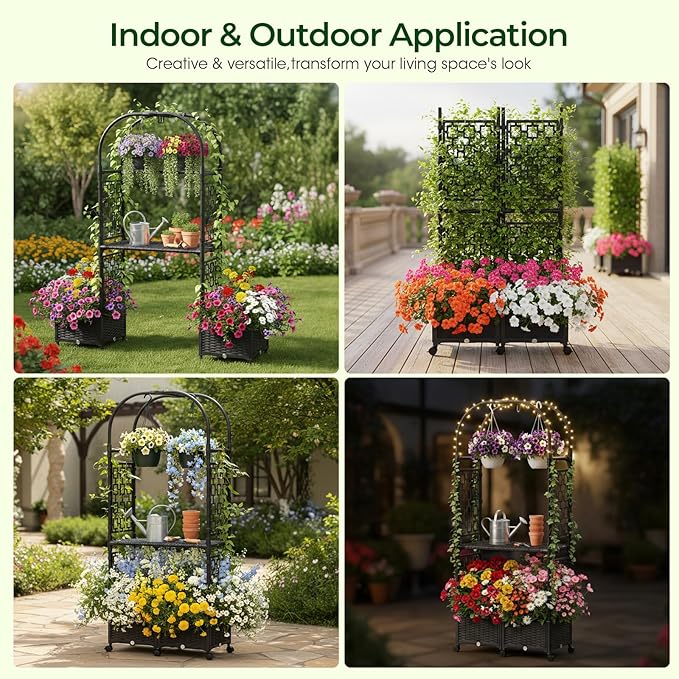 71"x16"x32" Planter Box with Trellis, 3-in-1 Self-Watering Planter Box with Wheels for Patio,Raised Garden Bed with Trellis, Drainage Holes & Metal Storage Rack for Vine Climbing Plants