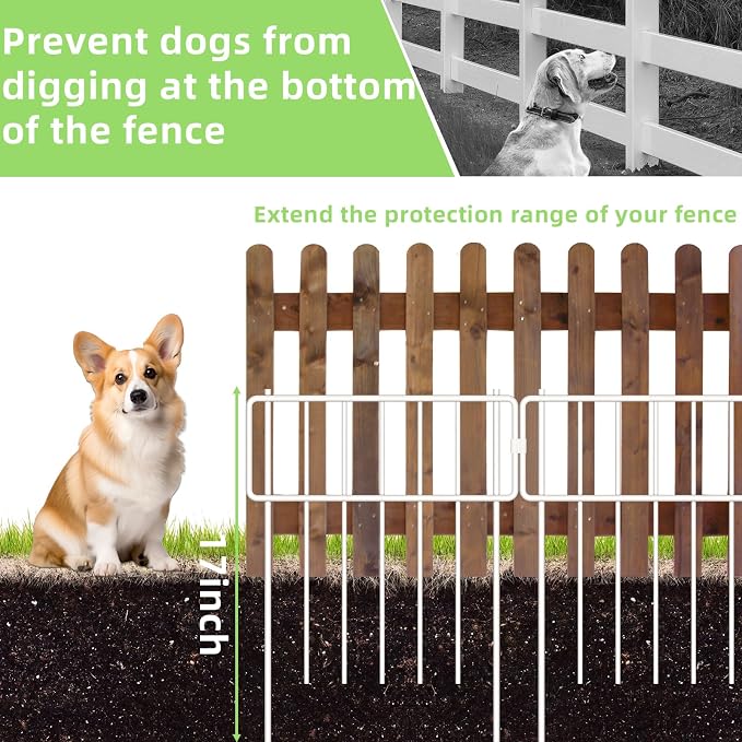 Thrivinest 10 Pack Animal Barrier Fence, No Dig Fence Decorative Fences, 17in(H) x10ft(L) Rustproof Metal Small Garden Fence Border for Dogs Rabbits, Bottom Blocker for Outdoor Yard Patio, White