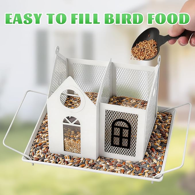 Solar Bird Feeder for Outdoors – White Metal Hanging Bird Feeder with Solar Light, Decorative Bird House Feeder for Cardinals, Finches, and Wild Birds, Weatherproof Backyard Garden Decor