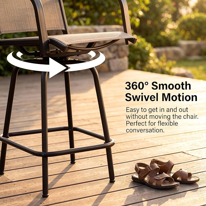 Greesum 3-Piece Patio Bar Set, High Top Table & 2 Swivel Bar Stools with Textilene Fabric, Outdoor Bistro Furniture for Balcony, Backyard, Poolside (Brown)