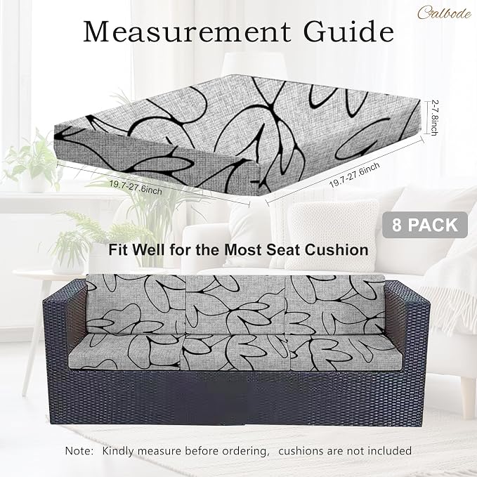 CALBODE 8PCS Waterproof Patio Sofa Covers with Elastic Floral Printed Stretch Outdoor Cushion Seat Covers Set of 8 Wicker Chair Washable Replacement(Grey,Cushions Not Included)