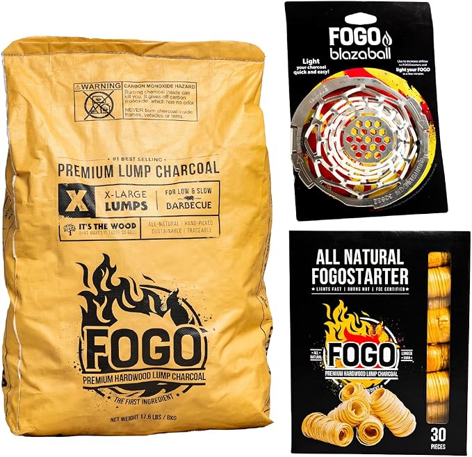 FOGO Premium Hardwood Natural Large Sized Lump Charcoal 17.6 Pound Bag, Fogostarters Natural Fire Starters and Blazaball Bundle