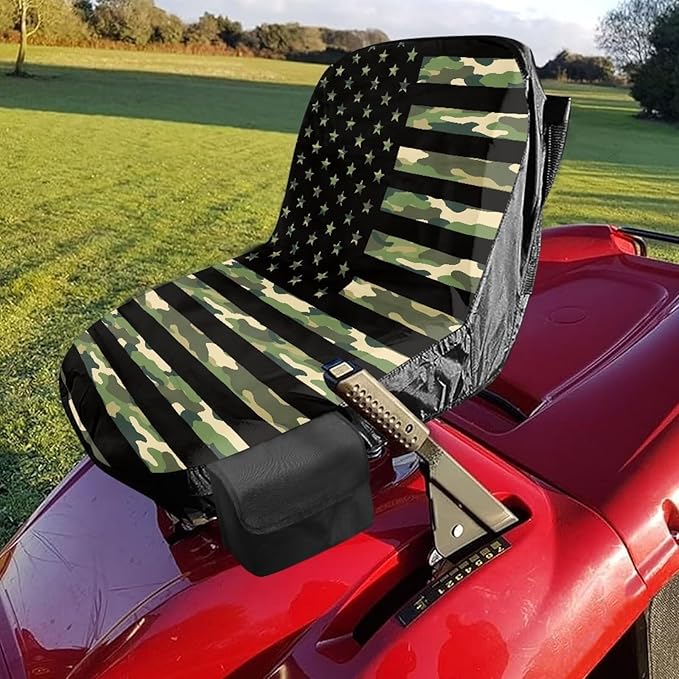 American Flag Riding Lawn Mower Seat Cover for Tractor Accessories Camo Tractor Seat Cover with Drink Pouch Compatible with John Deere Cub Cadet, for Kubota