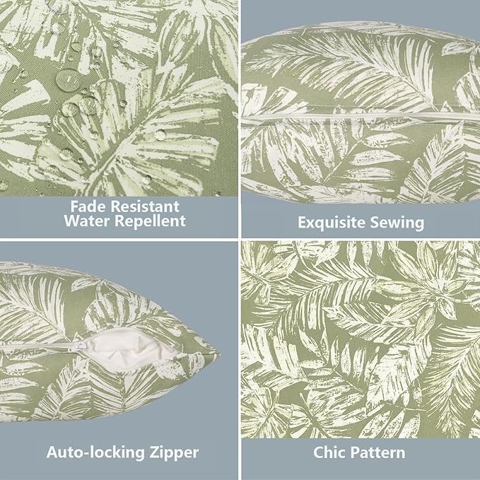 LVTXIII 2 Pack Outdoor Throw Pillow Covers for Patio Furniture, 16x16 Inch Square Pillow Case, Water-Repellent Cushion Covers for Garden, Porch, Sofa, Tropical Leaf Green