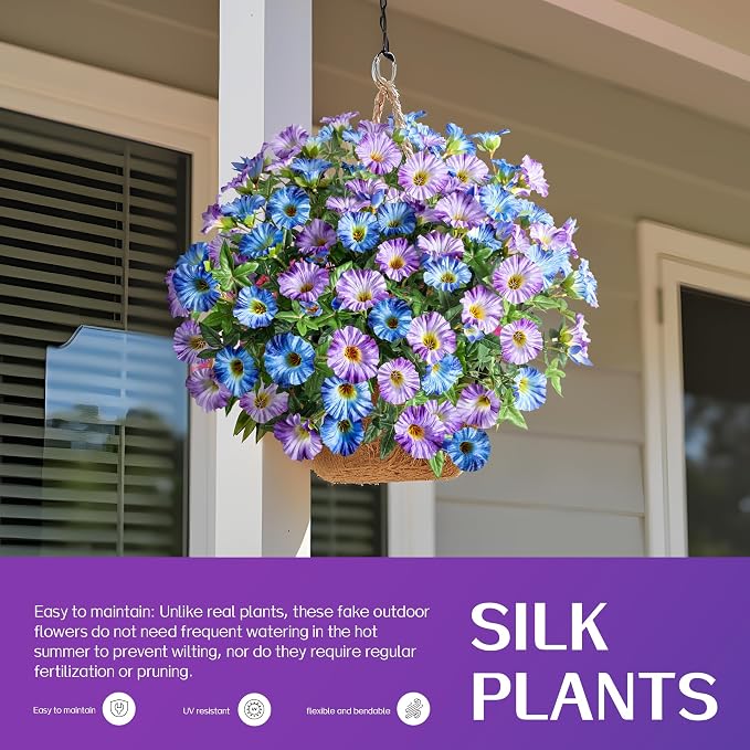 Blue Purple Artificial Morning Glory Flowers for Outdoor Planters, Premium UV Resistant Silk Faux Flowers for Porch, Hanging Basket & Window Box, Cottage Garden Decor, No Pot, 13.3 Inch, 8 Bundles