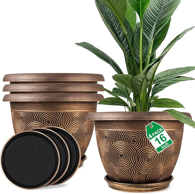 Fodetyff 16 Inch Large Planter Pot for Plants Indoor Outdoor, 4 Pack Plastic Flower Pots with Drainage Hole & Tray, Modern Decorative Garden Pot with Saucer, Plant Container for House