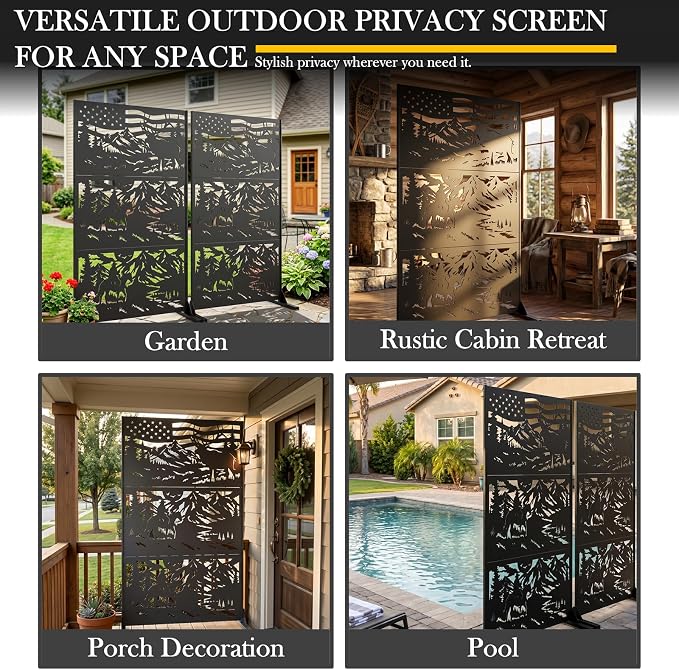 72" H Metal Outdoor Privacy Screen, Western Ranch American Flag Panel | Outdoor Privacy Panels for Balcony, Patio & Backyard, Freestanding Decorative Privacy Panel