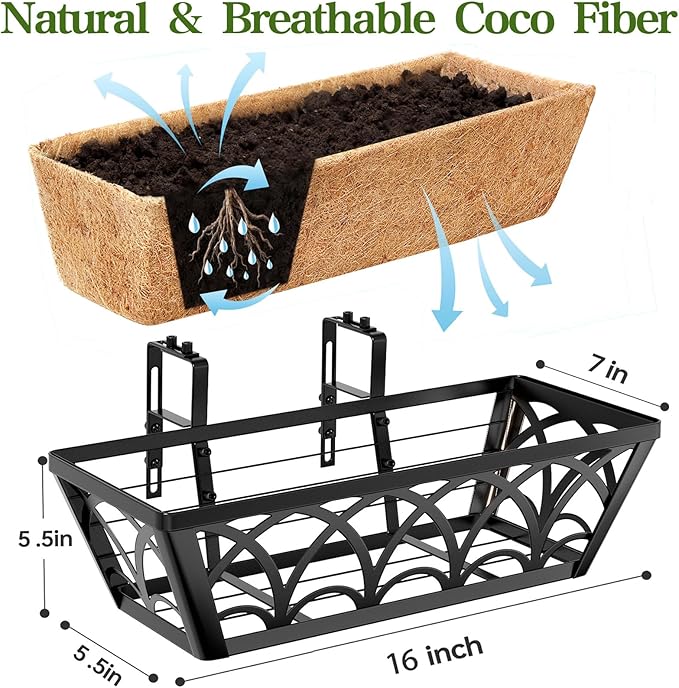 16 Inch Railing Planter Box Window Boxes Planters - 2 Pack Deck Railing Planter Boxes with Adjustable Brackets Coco Liners Balcony Planters Railing Hanging for Window Flower Boxes Outdoor Garden Decor