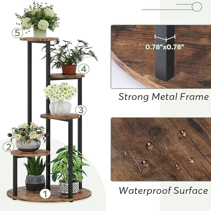 LITTLE TREE 5-Tier Corner Plant Stand, Free Standing Wood Metal Flower Rack Pot Shelf Display with Round Board, Garden Patio Balcony Plant Holder for Indoor Outdoor Living Room, Bedroom, Rustic Brown