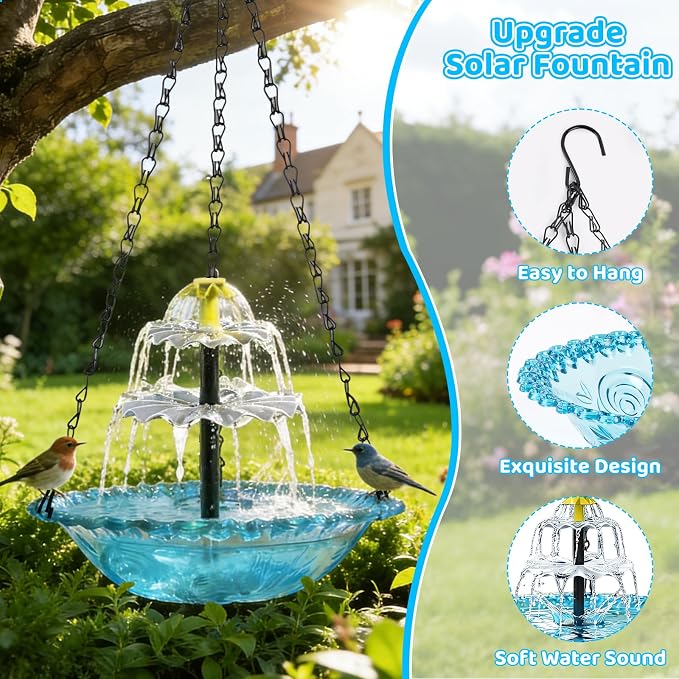 Hanging Solar Bird Bath Fountain, 3 Layers Outdoor Cascading Bird Bath with Solar Pump, 3 Nozzles & Blue Glear Bowl, Attracts Wild Birds for Garden, Backyard, Pergola