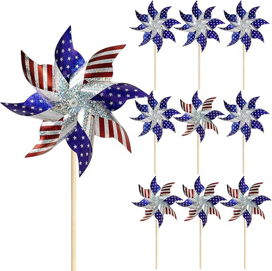 HOOSUN 10 Pcs 4th of July Pinwheels for Yard and Garden 4th of July Decorations,American Flag Patriotic Pinwheels to Scare Birds Away,Red White Blue Reflective Wind Spinners,Memorial Day Decorations