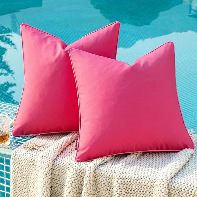 MIULEE Pack of 2 Outdoor Waterproof Throw Pillow Covers Decorative Outdoor Pillowcases Piping Edge Water Resistant Cushion Covers for Patio Garden Couch Chair Tent Balcony, 18x18 Inch Hot Pink