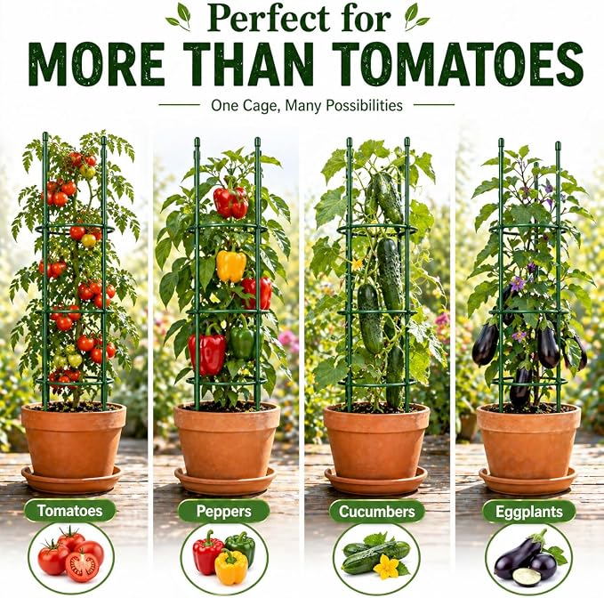 6 Pack Tomato Cages for Garden, 49" Adjustable Heavy Duty Round Tomato Cage, Metal Plant Support & Tomato Trellis for Raised Garden Bed, Pots, Vegetable & Climbing Plant Support Stakes (6)