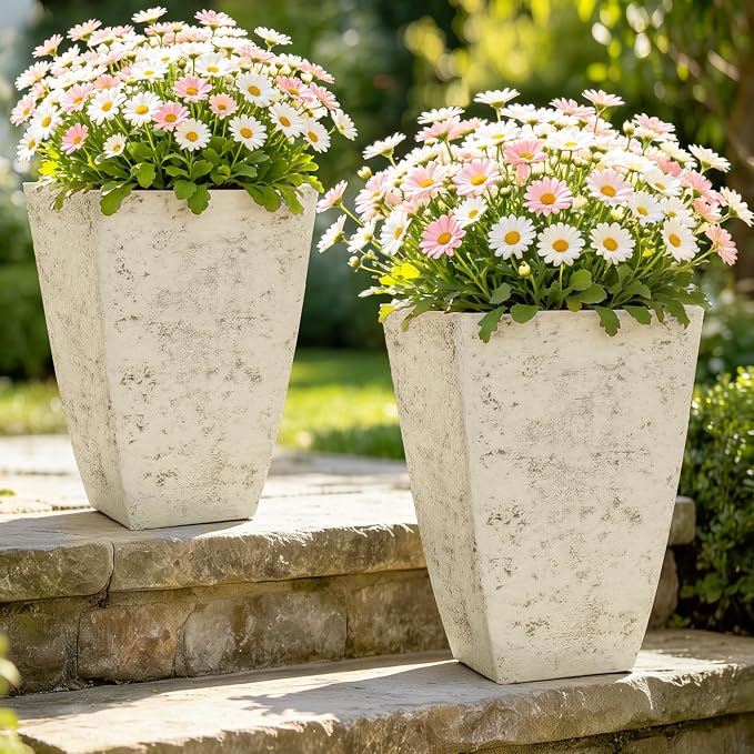 19" H Country White Square Planters for Outdoor Plants, Set of 2 Large Flower Pot with Drainage Hole, Weather-Resistant for Porch,Garden, Patio or Indoor Use